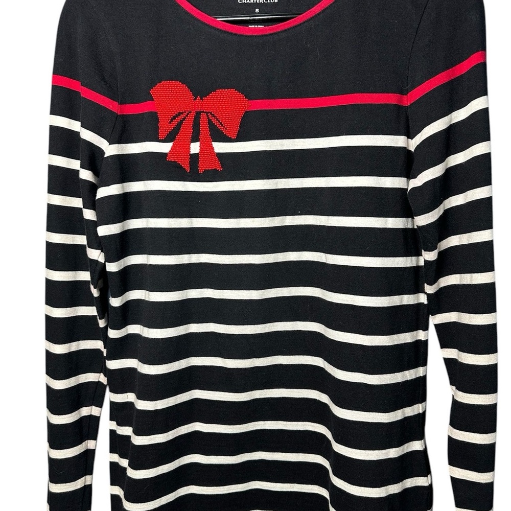 Charter Club Black and White Striped Blazer with Red Bow